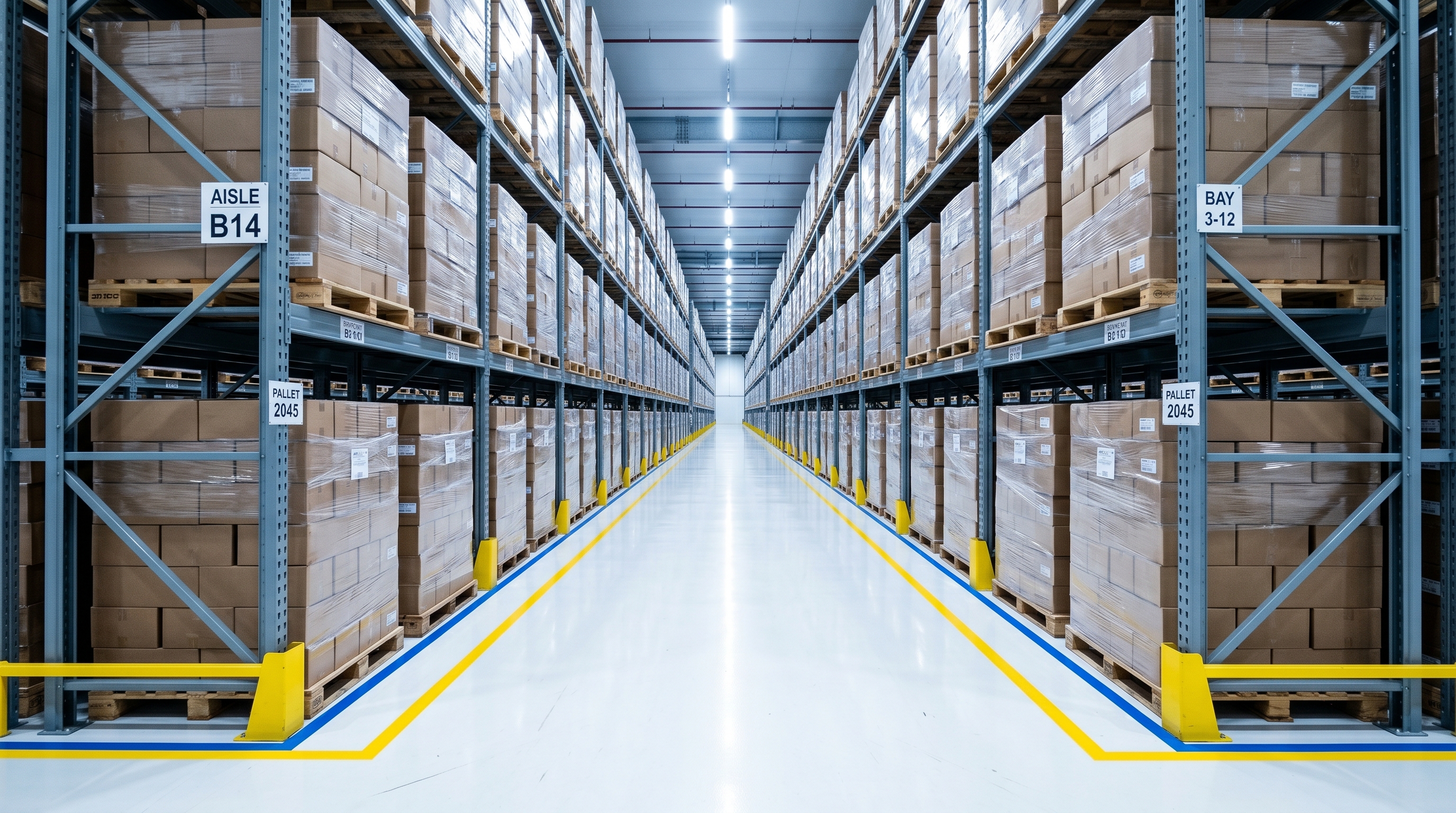 Food-grade warehouse aisle with palletized cargo