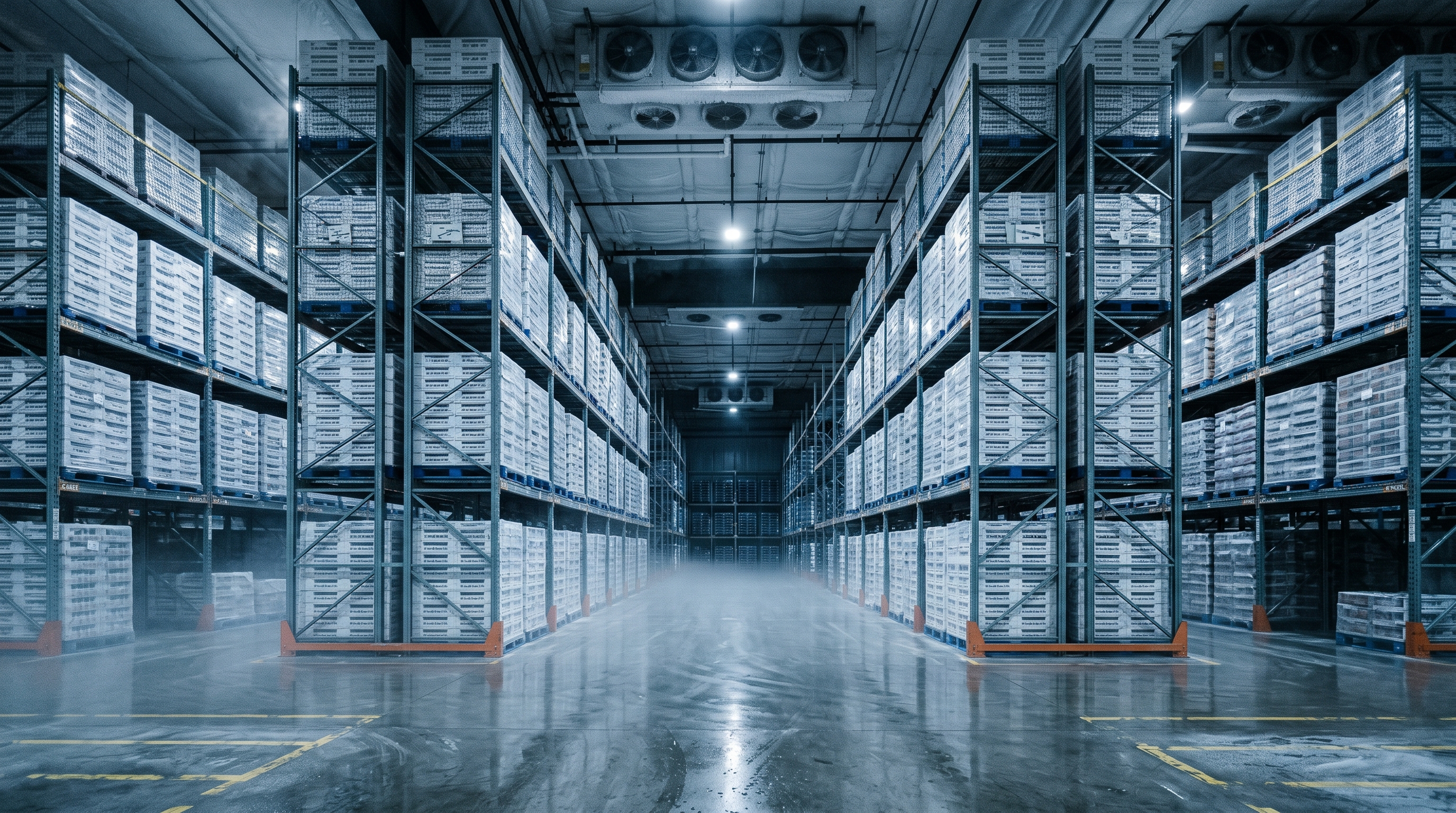 Refrigerated cold storage warehouse aisle in Chicago